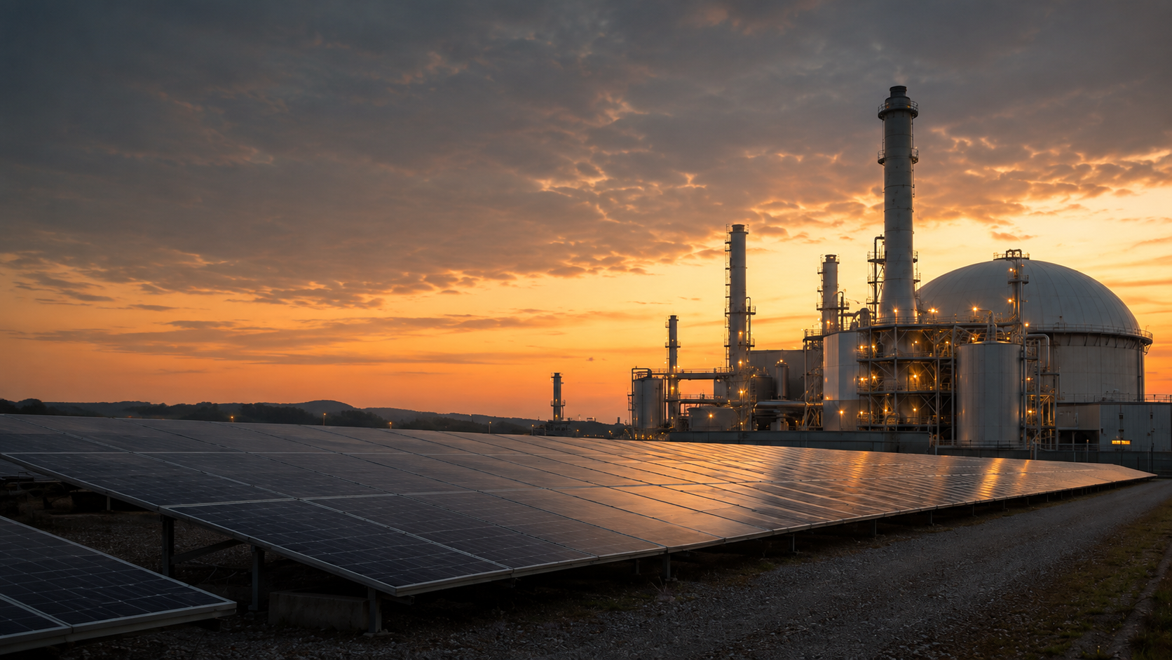 Immagine rappresentativa di impianto industriale con pannelli fotovoltaici al tramonto